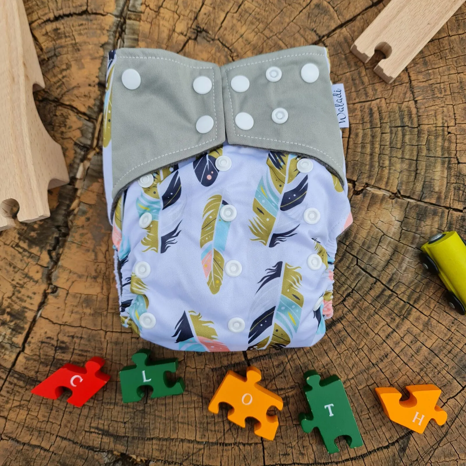 Grey with Colourful Feathers Bamboo Charcoal Cloth Nappy - Image 2