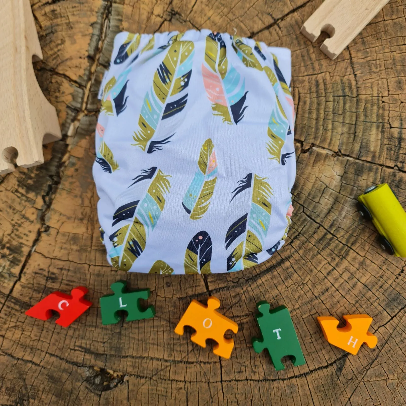 Grey with Colourful Feathers Bamboo Charcoal Cloth Nappy - Image 3