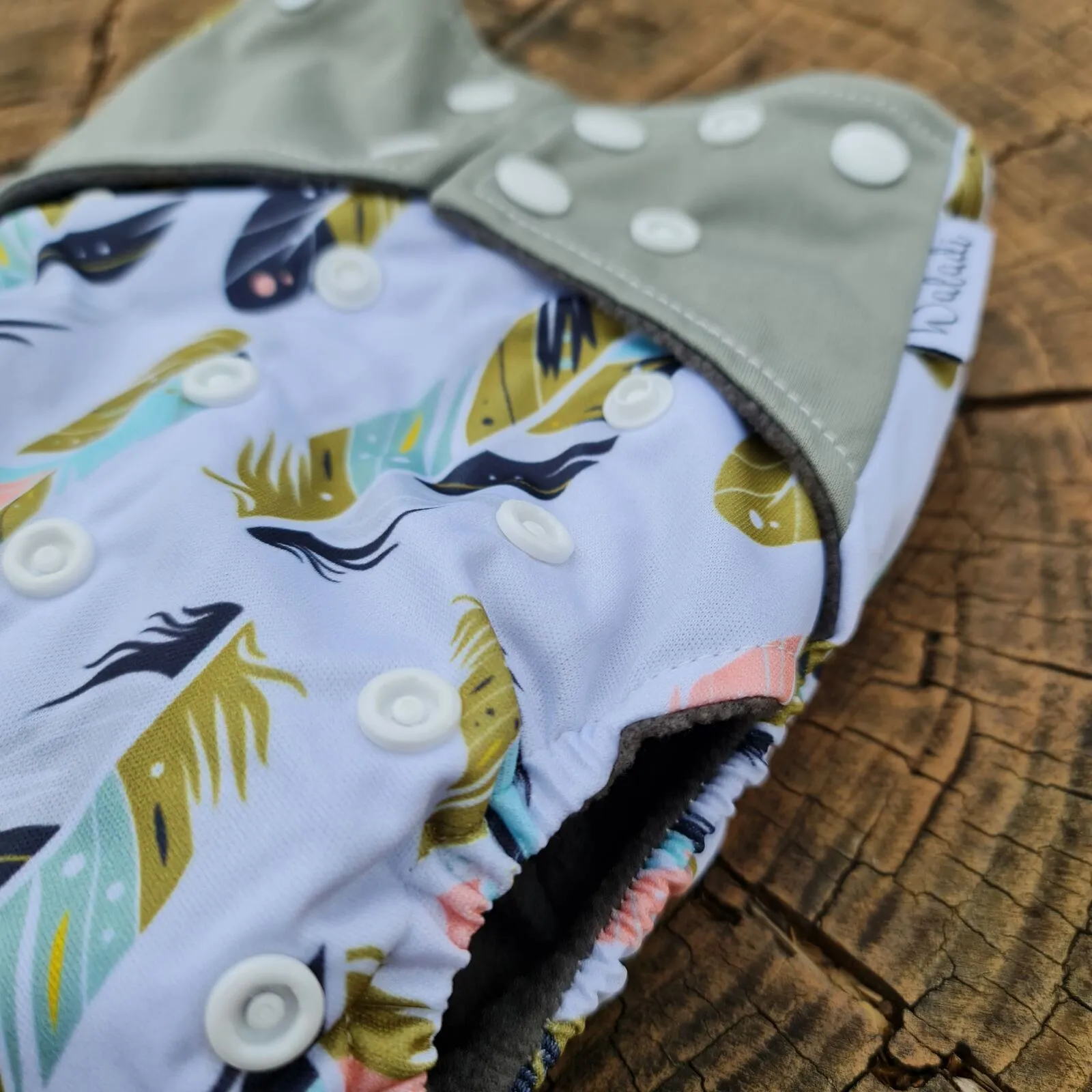 Grey with Colourful Feathers Bamboo Charcoal Cloth Nappy - Image 4