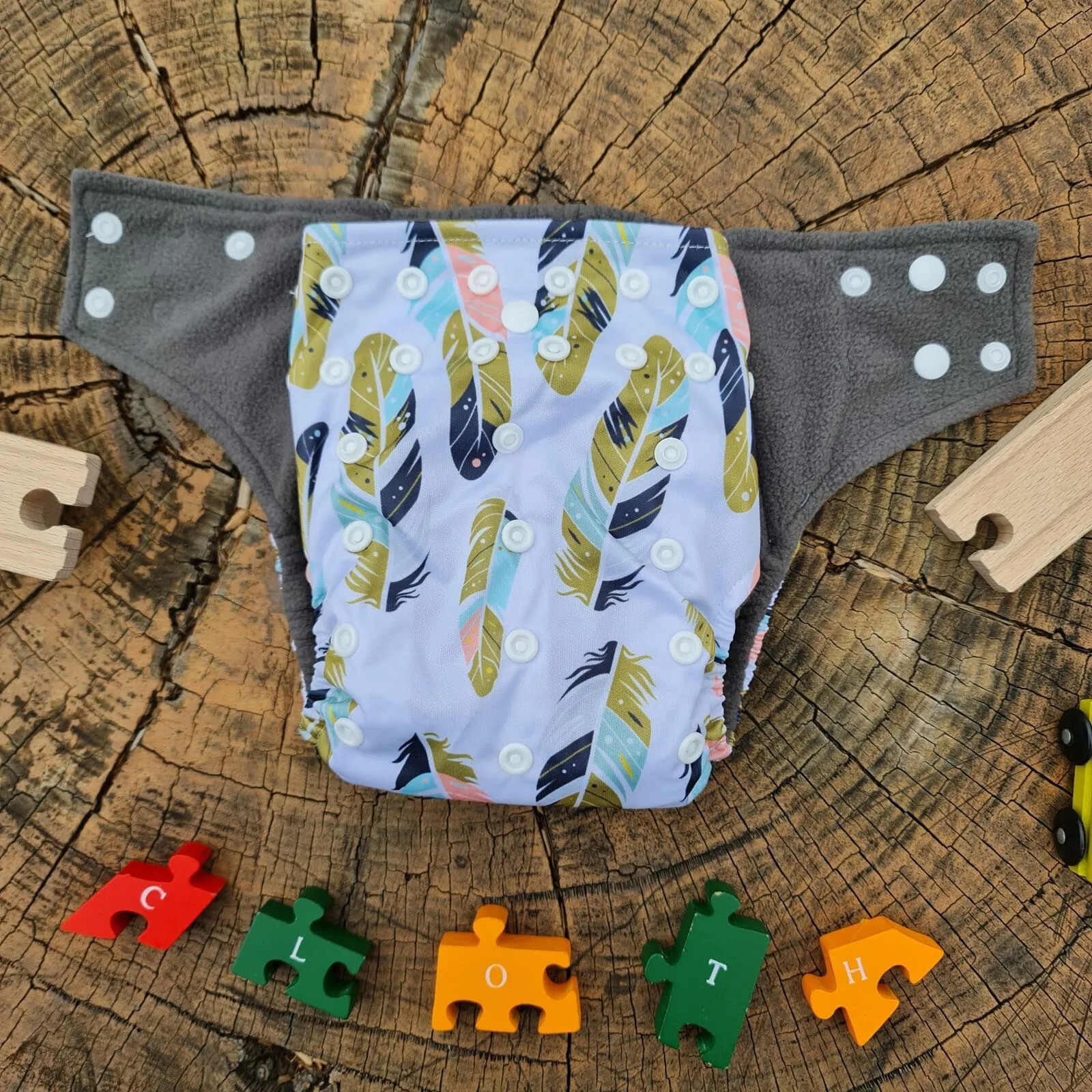 Grey with Colourful Feathers Bamboo Charcoal Cloth Nappy - Image 5