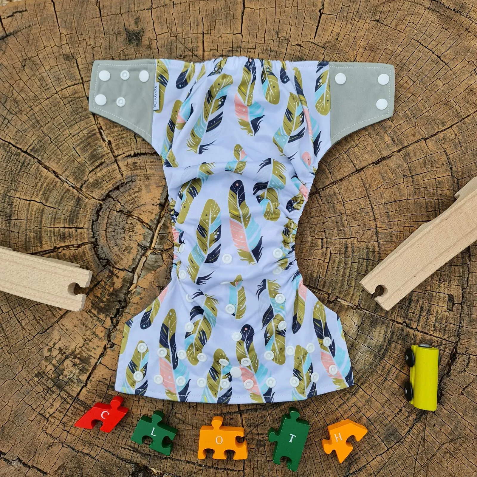 Grey with Colourful Feathers Bamboo Charcoal Cloth Nappy - Image 6