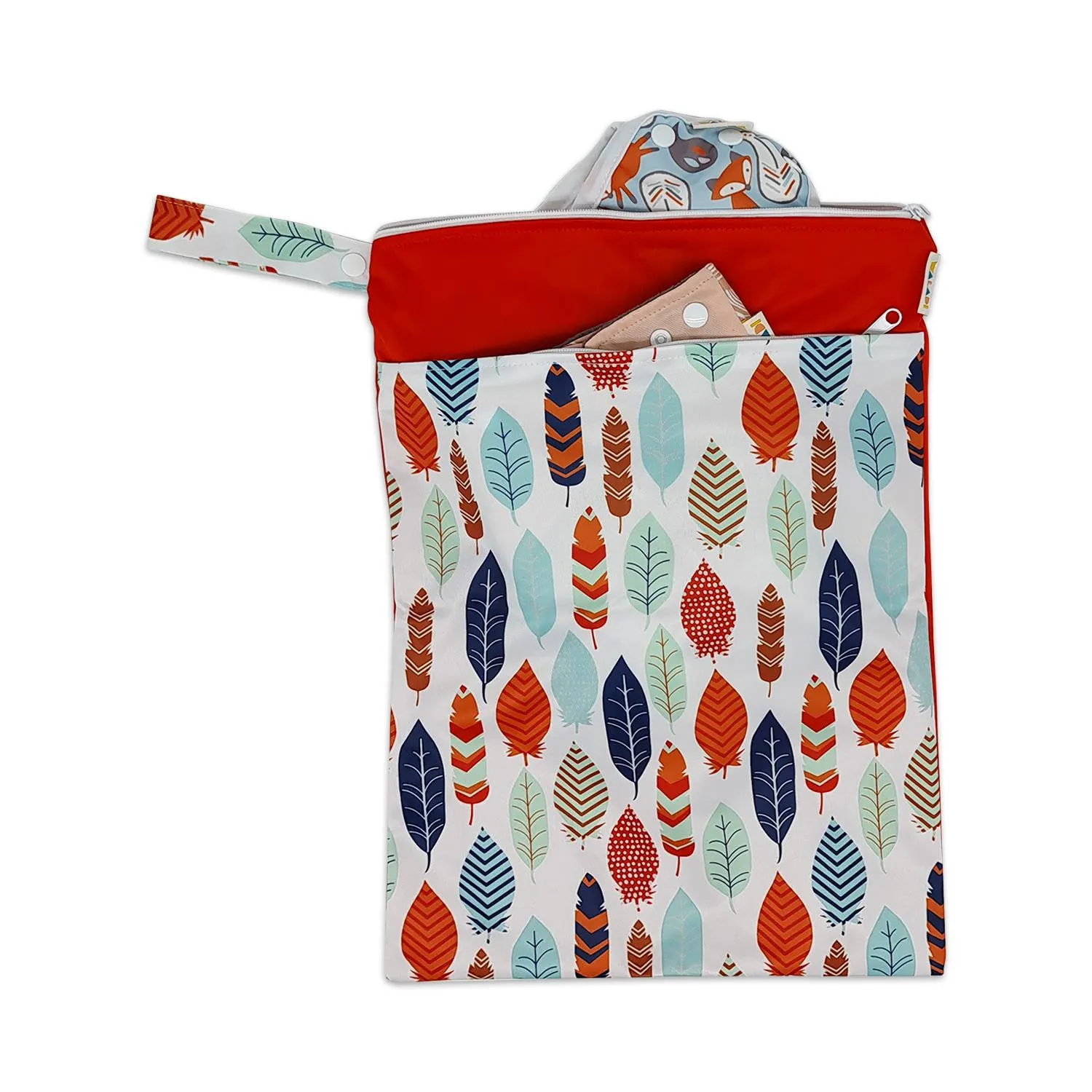 Waterproof Double Zip Wet Bag Red & Colourful Feathers 30x40cm - Image 3